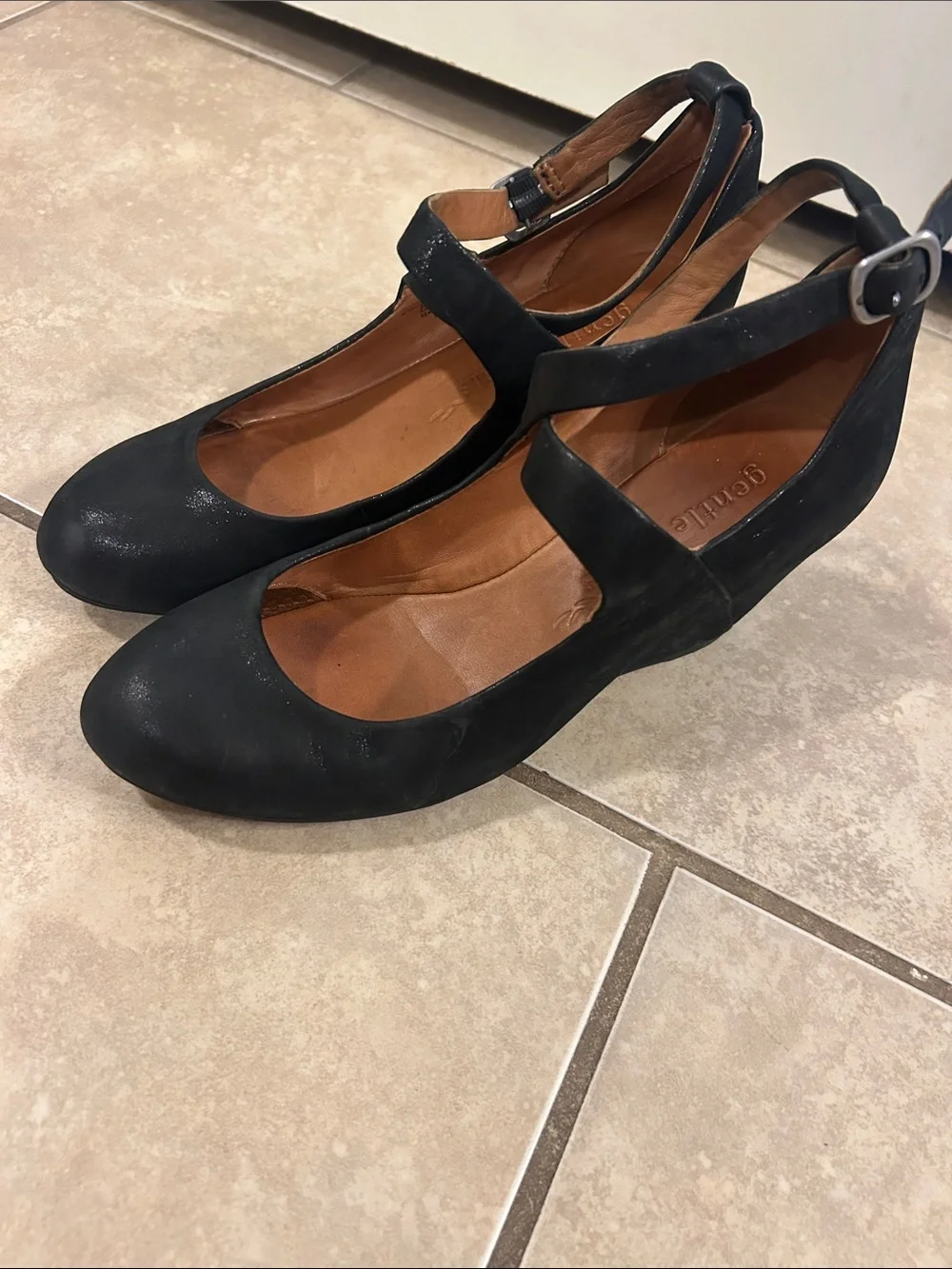 Gentle Souls leather Black Wedge Mary Jane Heels with Ankle Strap